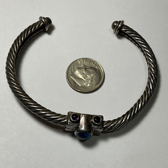 Sterling Silver Open Cable Cuff Bracelet with Blue Topaz Stones. 2 3/8” across - Picture 7 of 7